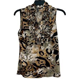 Milano Animal Print Ruffle Collar Tank Top Large